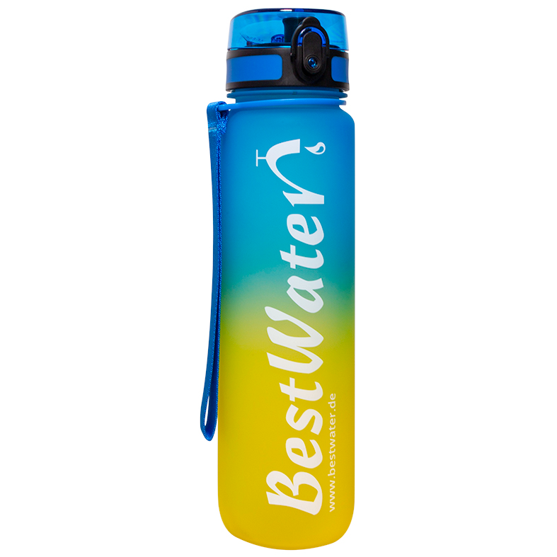 Tritan butelka na wodę w kolorze niebiesko-żółtym z paskiem do noszenia na ręce i pokrywką zamykaną przez naciśnięcie przycisku, aby ją otworzyć 